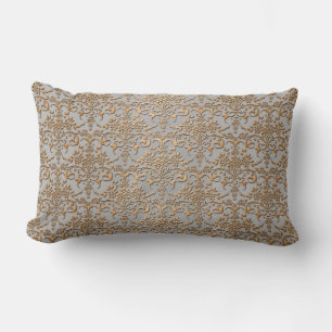 Fancy Gold and Grey Damask Pattern Lumbar Pillow