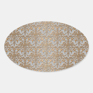 Fancy Gold and Grey Damask Pattern Oval Sticker