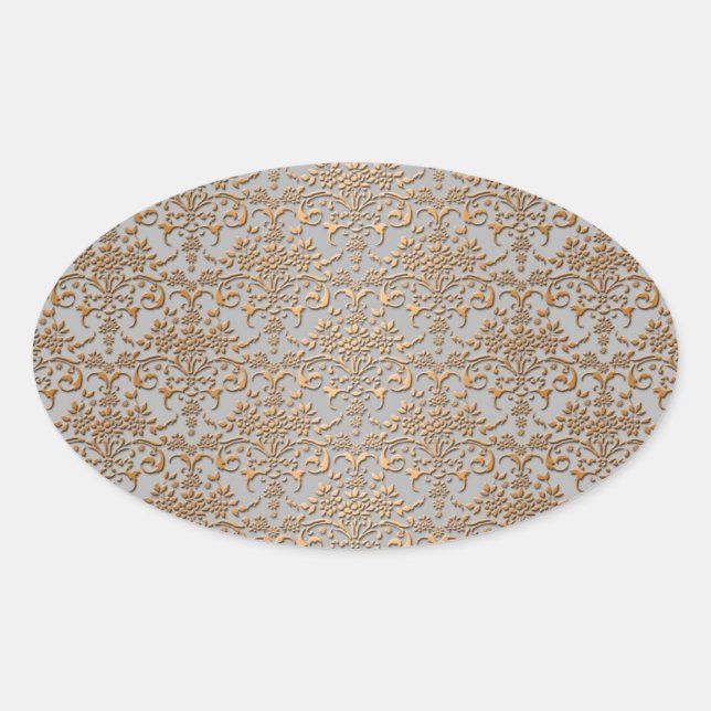 Fancy Gold and Grey Damask Pattern Oval Sticker (Front)