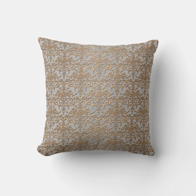 Fancy Gold and Grey Damask Pattern Throw Pillow (Front)