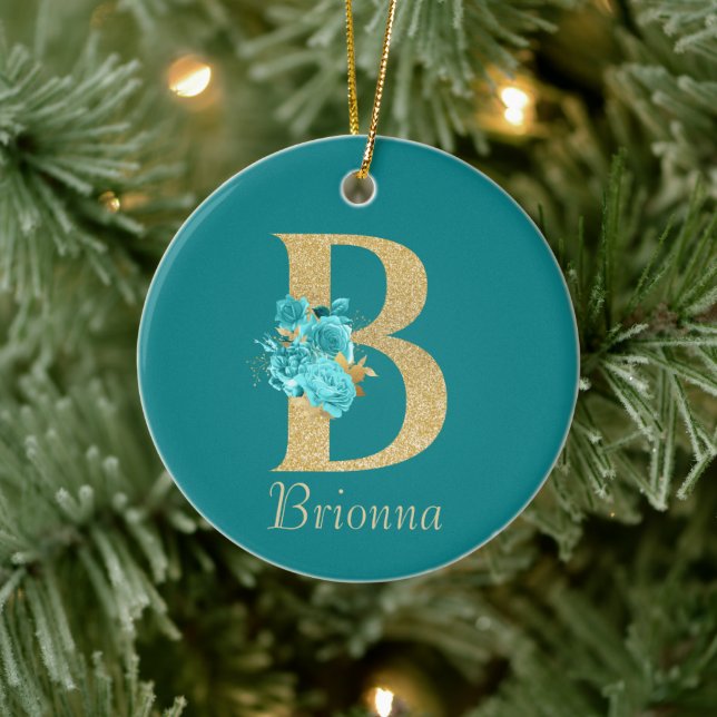Fancy Gold & Aqua Floral Letter B   Ceramic Ornament (Tree)