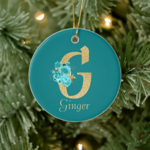 Fancy Gold & Aqua Floral Letter G  Ceramic Ornament