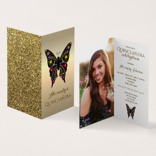 Fancy Gold Butterfly Quinceanera Photo Invitation