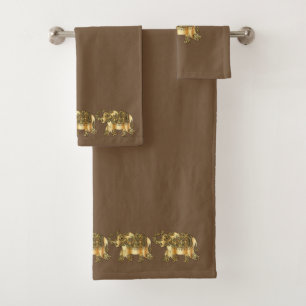 Fancy Gold Elephants Brown Background Bath Towel Set