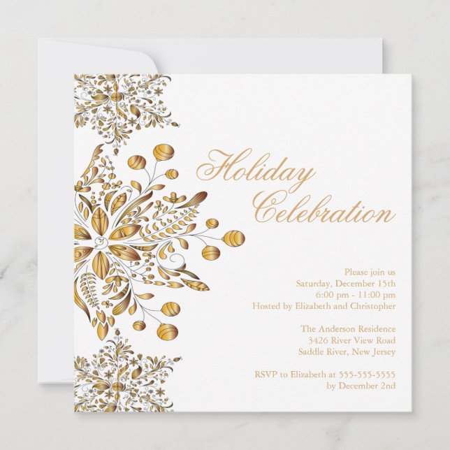Fancy Gold Jewel Snowflakes Holiday Party Invitation (Front)