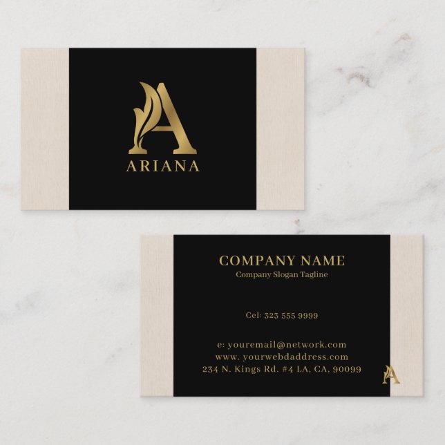 Fancy Gold Letter A Monogram On black and linen Business Card (Front/Back)