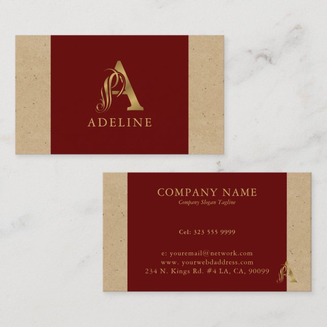 Fancy Gold Letter A Monogram On Red and Cardboard Business Card (Front/Back)