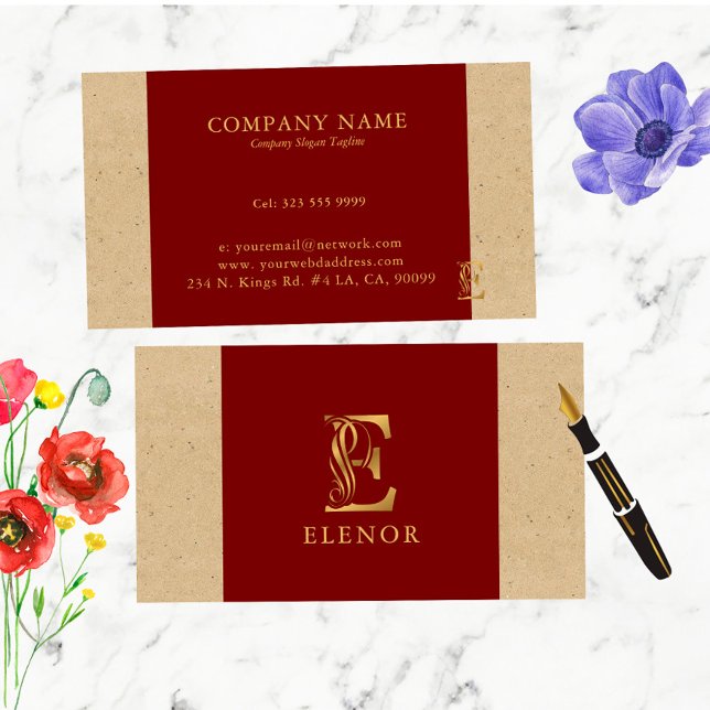 Fancy Gold Letter  E Monogram On Red and Cardboard Business Card (Creator Uploaded)