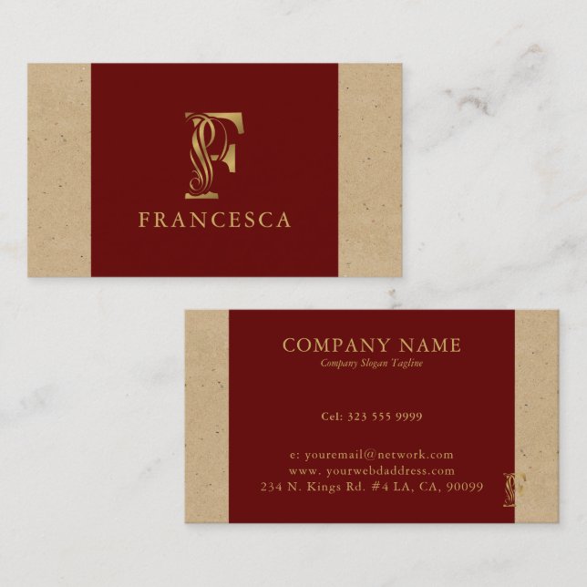Fancy Gold Letter F Monogram On Red and Cardboard  Business Card (Front/Back)