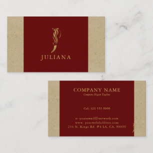 Fancy Gold Letter J Monogram On Red and Cardboard Business Card