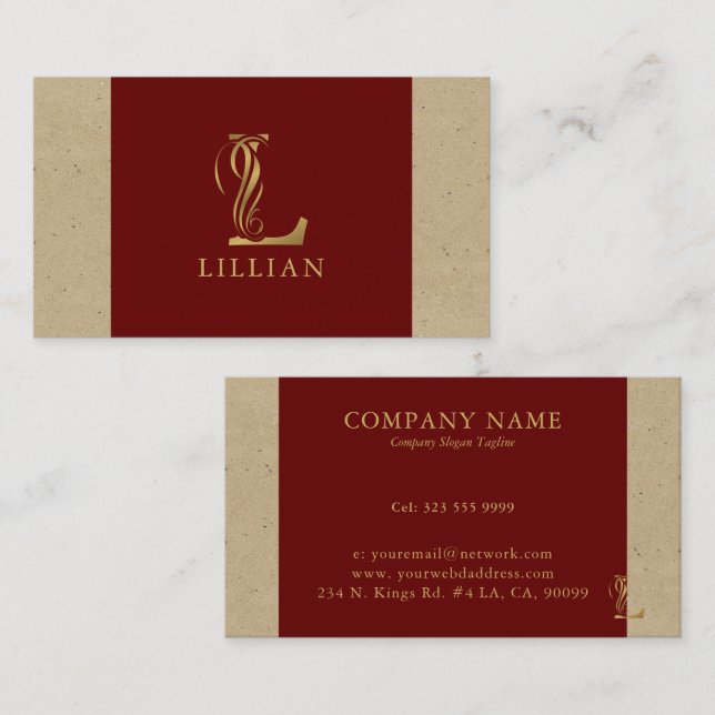 Fancy Gold Letter L Monogram On Red and Cardboard Business Card (Front/Back)