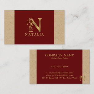 Fancy Gold Letter N Monogram On Red and Cardboard  Business Card