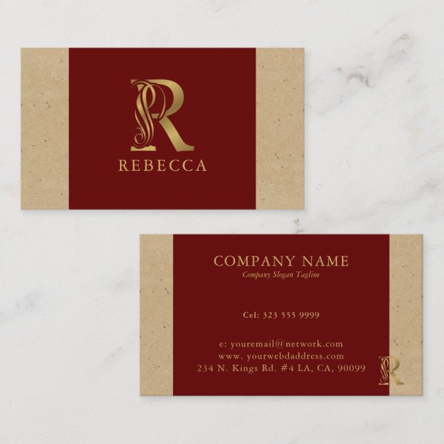 Fancy Gold Letter R Monogram On Red and Cardboard Business Card (Front/Back)