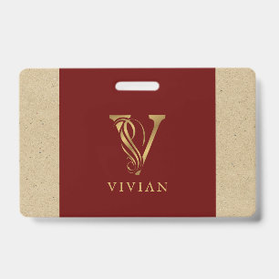 Fancy Gold Letter V Monogram On Red and Cardboard Badge