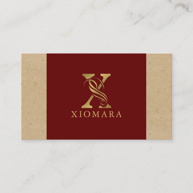 Fancy Gold Letter X Monogram On Red and Cardboard Business Card (Front)