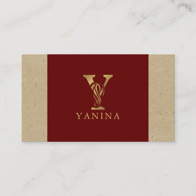 Fancy Gold Letter Y On Red and Beige Linen Business Card (Front)