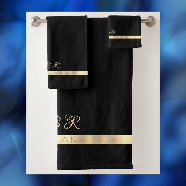 Fancy Gold Monogram, Name, Gold Stripes, Black Bath Towel Set (Creator Uploaded)