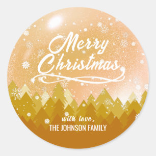 Fancy Gold Peaceful Snow Forest Merry Christmas Classic Round Sticker