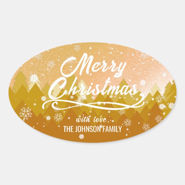 Fancy Gold Peaceful Snow Forest Merry Christmas  Oval Sticker (Front)