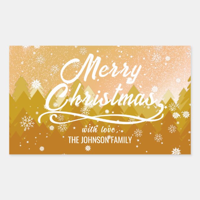 Fancy Gold Peaceful Snow Forest Merry Christmas  Sticker (Front)