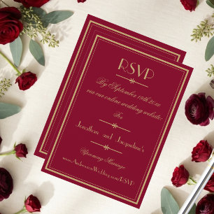 Fancy Gold Script Borders Burgundy Wedding Website RSVP Card
