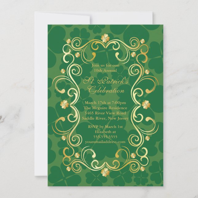 Fancy Gold Shamrock St. Patrick's Party Invitation (Front)