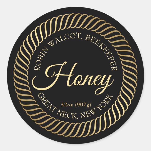 Fancy Gold Spiral Border Honey Label on Black (Front)
