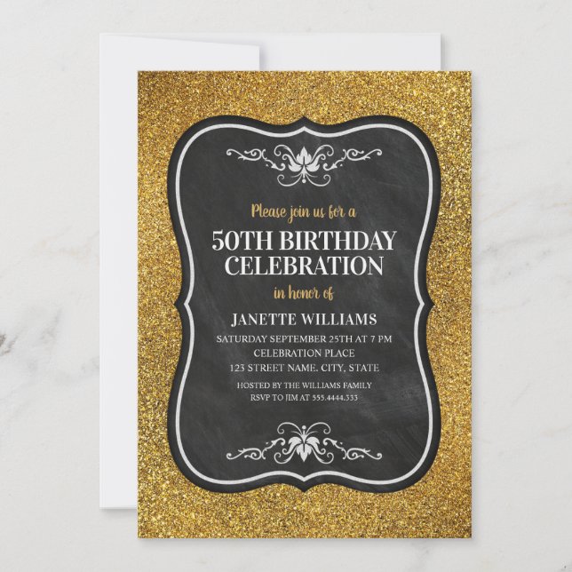 Fancy Golden Glitter Adult 50th Birthday Party Invitation (Front)