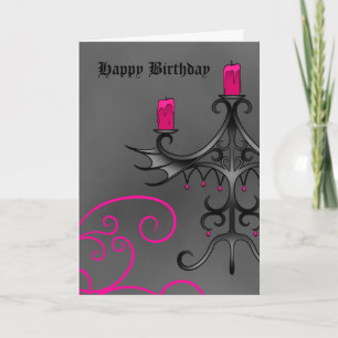 Fancy Gothic candelabra in pink on grey birthday Card