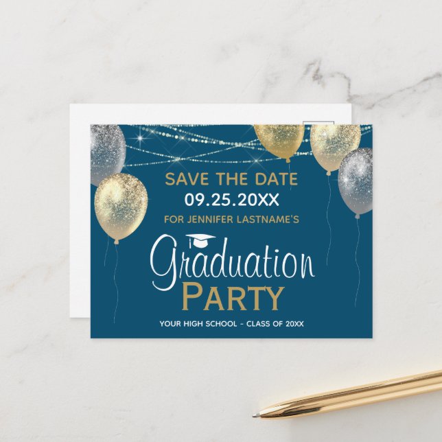 Fancy Graduation Party Save the Date Invitation Postcard (Front/Back In Situ)