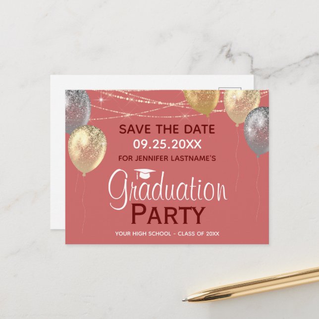 Fancy Graduation Party Save the Date Invitation Postcard (Front/Back In Situ)
