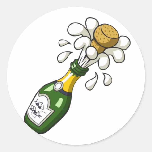 Fancy Green Cartoon Champagne Bottle Popping Cork Classic Round Sticker (Front)