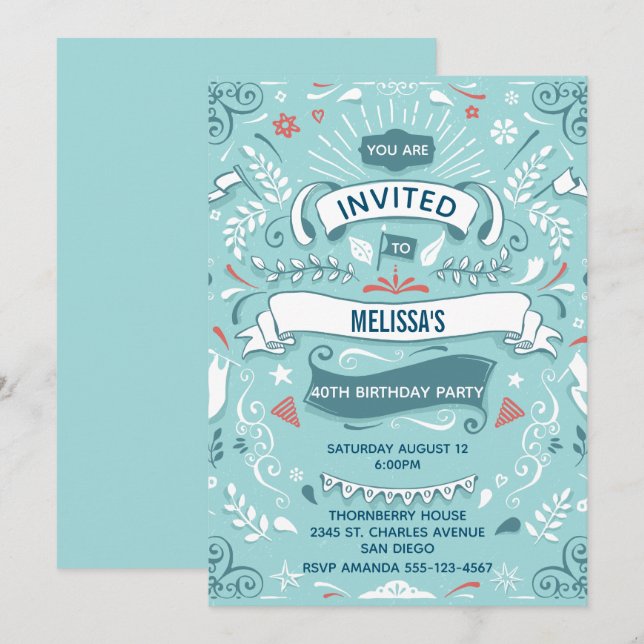 Fancy Green Decorative Swirls Birthday Party Invitation (Front/Back)