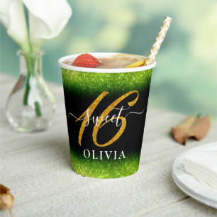 Fancy Green Glitter Sweet 16 Sixteen Paper Cup
