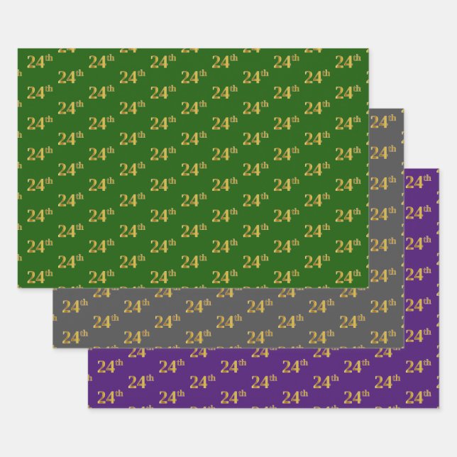 Fancy Green, Grey, Purple, Faux Gold 24th Event # Wrapping Paper Sheet (Set)