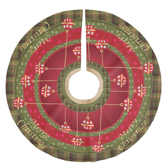 Fancy Green Plaid and Red Christmas Ornaments Brushed Polyester Tree Skirt (Front)