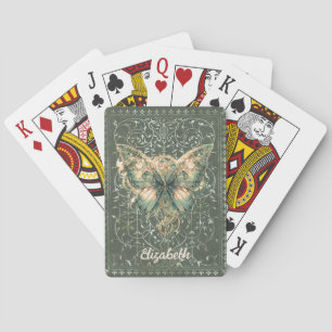 Fancy Green Steampunk Butterfly Personalized Playing Cards