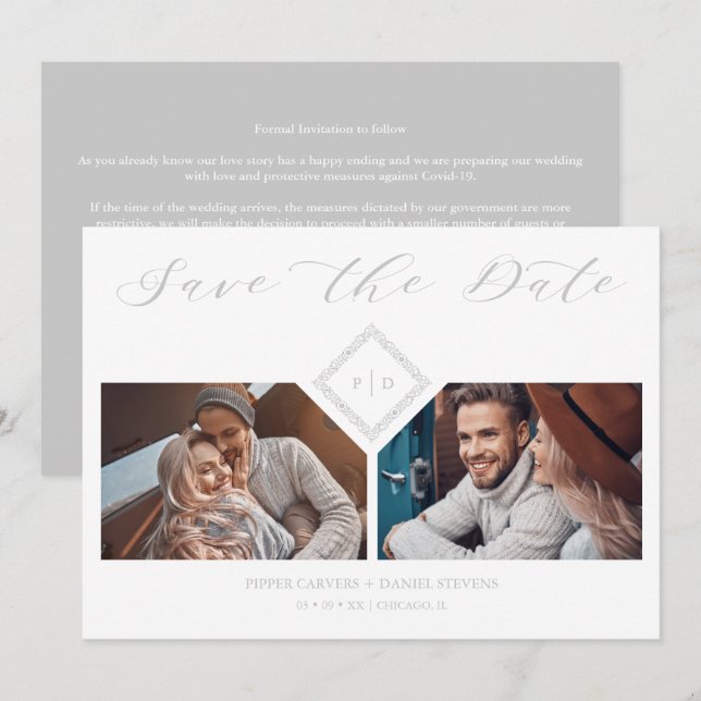 Fancy Grey Initials Chic Ornament Sophisticated Save The Date (Front/Back)