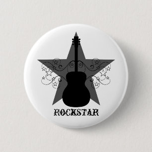 Fancy Guitar Star Swirls Button, Black 2 Inch Round Button