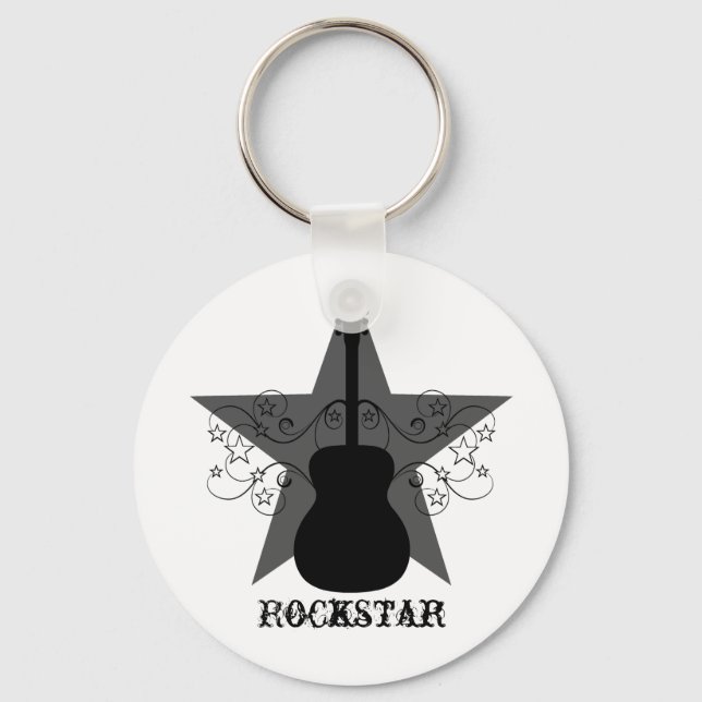 Fancy Guitar Star Swirls Keychain, Black Keychain (Front)