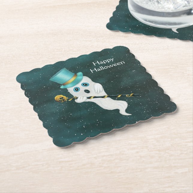 Fancy Halloween Ghost With Top Hat Gold Skull Cane Paper Coaster (Angled)