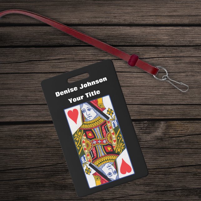 Fancy Heart Queen From Playing Cards Black Badge (Fancy heart queen from playing card deck with red hearts on black plastic name badge.)