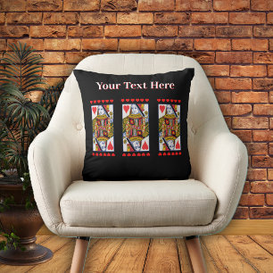 Fancy Heart Queen Playing Cards Red Hearts Black Throw Pillow