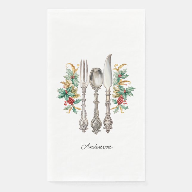 Fancy Holiday Silverware Personalized Paper Napkin (Front)