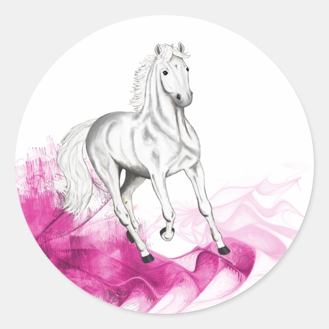 fancy horse motif, grey stallion & pink waves classic round sticker (Front)