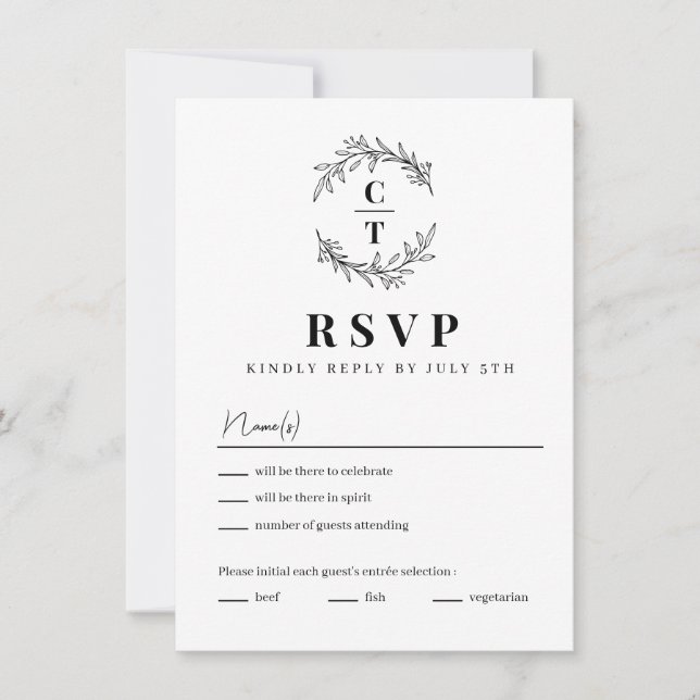 Fancy Initials Simple Monogram Wedding RSVP Card (Front)