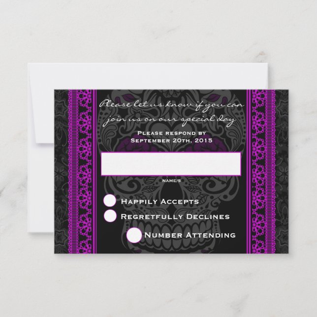Fancy Lace Sugar Skull day of the Dead Purple RSVP Card (Front)