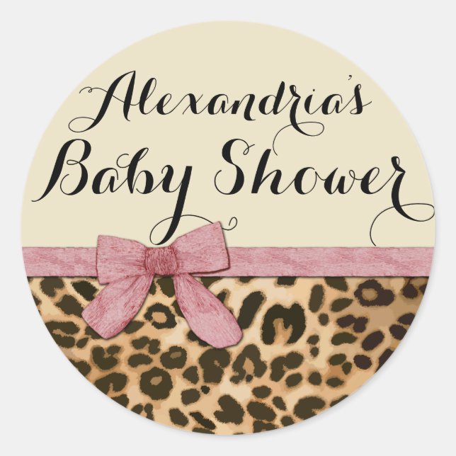Fancy Leopard Pink Bow Girl Baby Shower Classic Round Sticker (Front)