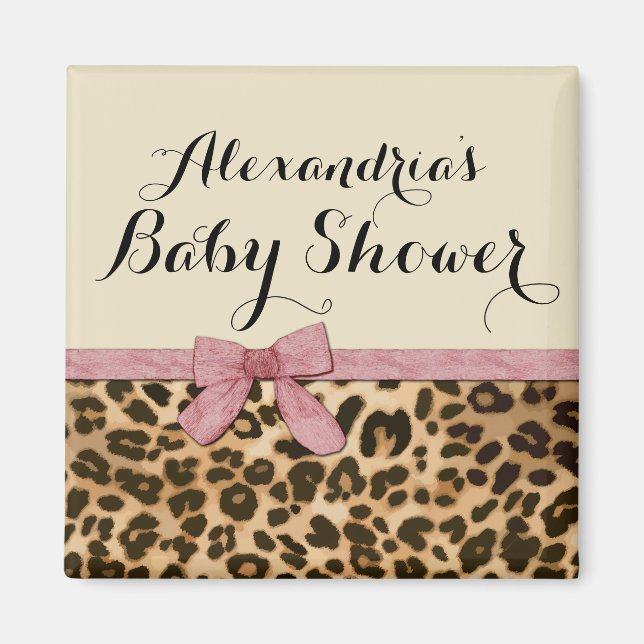 Fancy Leopard Pink Bow Girl Baby Shower Magnet (Front)