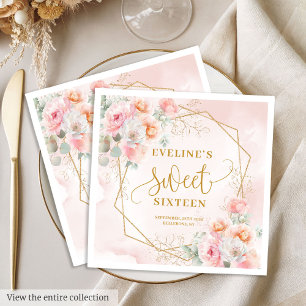 Fancy light pink gold peonies sweet sixteen napkin